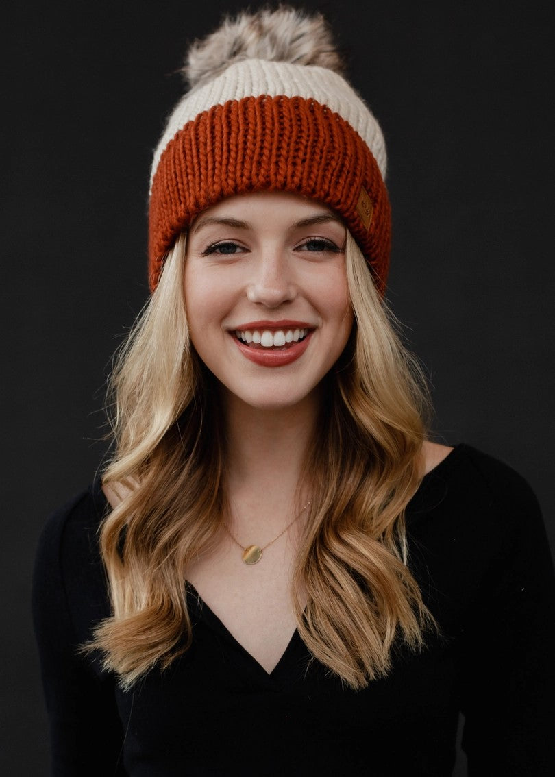 Panache Beige & Rust Color Block Pom Hat